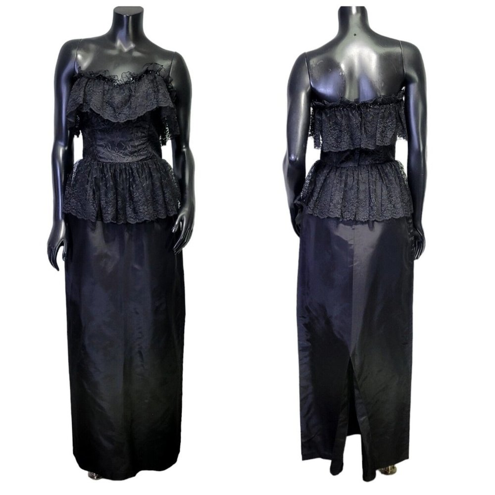 Vintage 80s 90s Jolie Madame Black Strapless Lace Maxi Gothic Prom Formal Dress